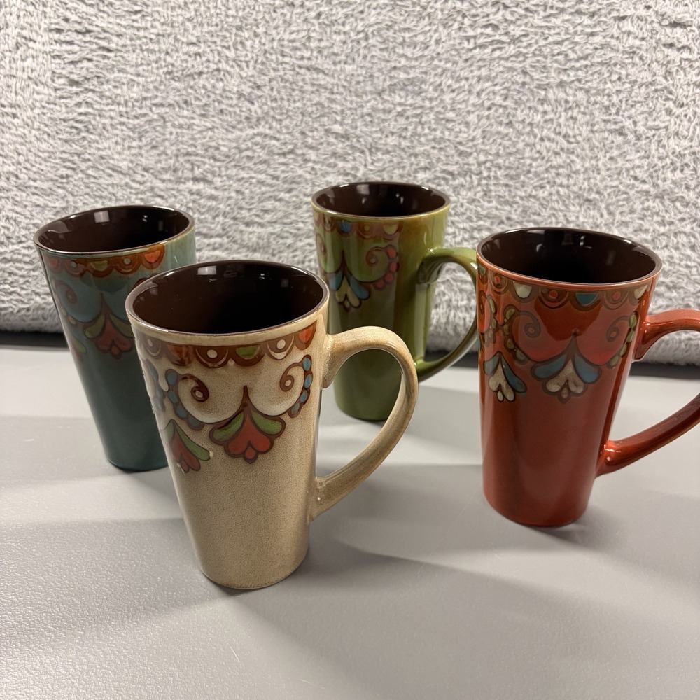 Home Essentials Latte Coffee Mug Set of 4 Aztec Boho Floral Multi Color NEW